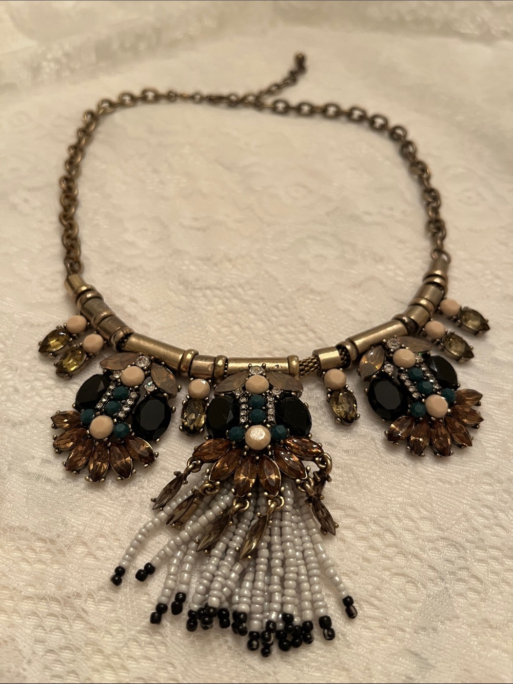 Antique Brass Statement Necklace with Black, Teal & Beige Accents